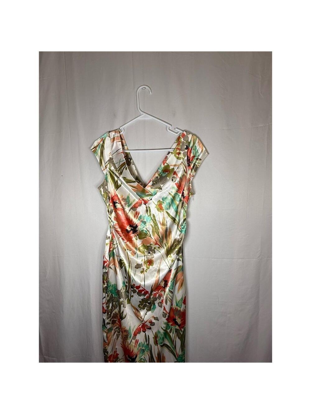 Maggy London Dress Womens 12 Multicolor Floral Sheath Midi Cap Sleeve Ruched